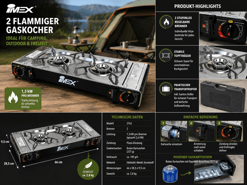 2 flammig Edelstahl Gaskocher Campingkocher Outdoor  mit Grillaufsatz und Koffer