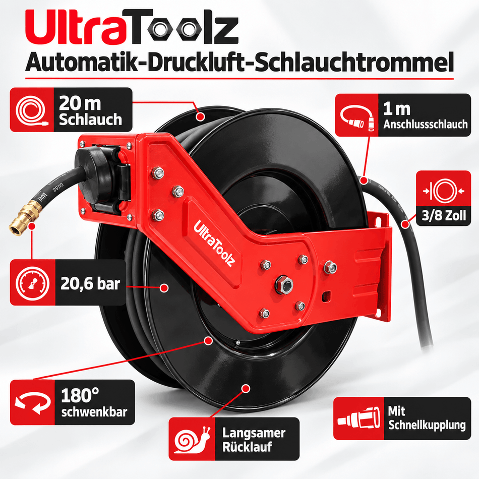 UltraToolz  Automatik Druckluft Schlauchtrommel Metall l 20M mit Schnellkupplung