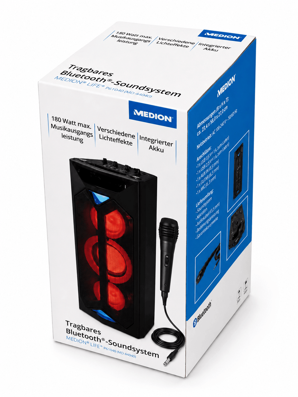 MEDION Bluetooth Party-Soundsystem Partylautsprecher LED mit Mikrofon Karaoke