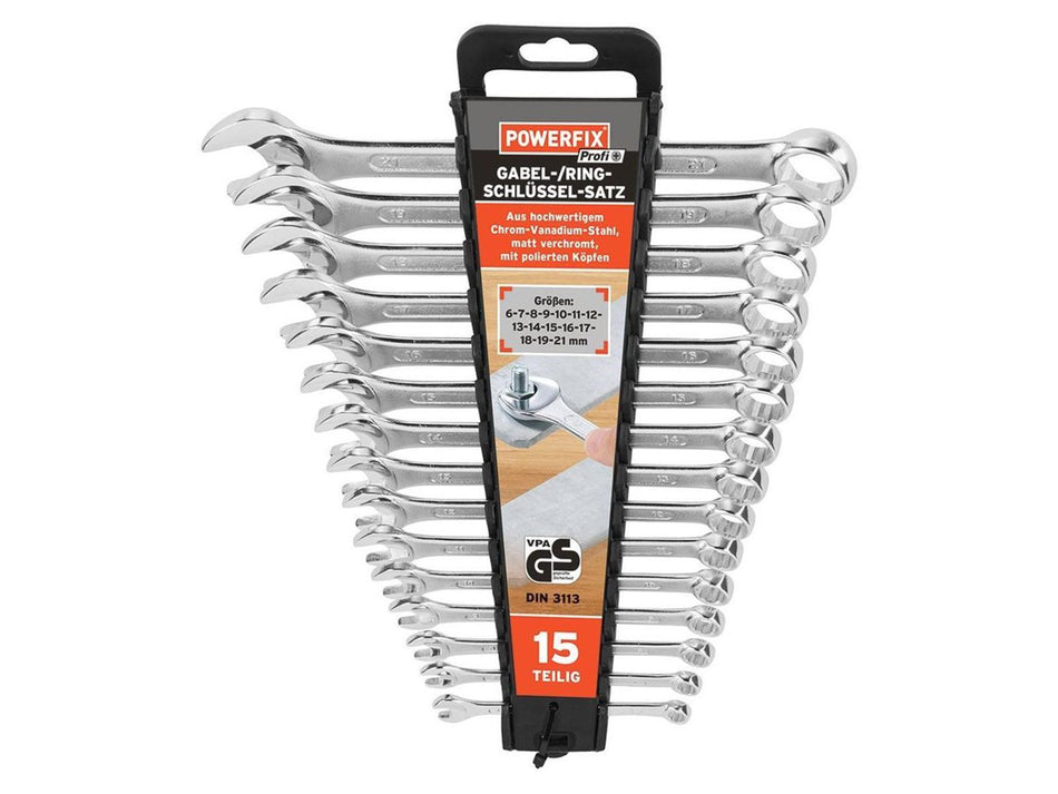 POWERFIX 15 tlg. Gabel-/Ring-Schlüssel Satz Set aus hochwertigem Chrom Vanadaium Stahl