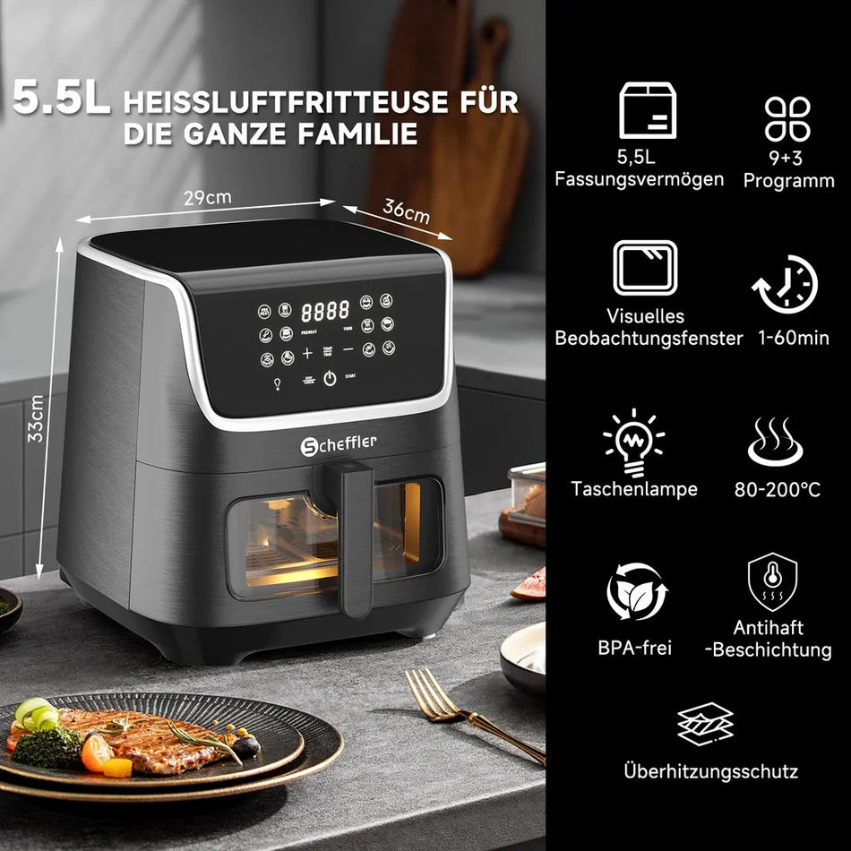 Heißluftfriteuse 5.5L XXL Airfryer Friteuse Fritteusen 1800W