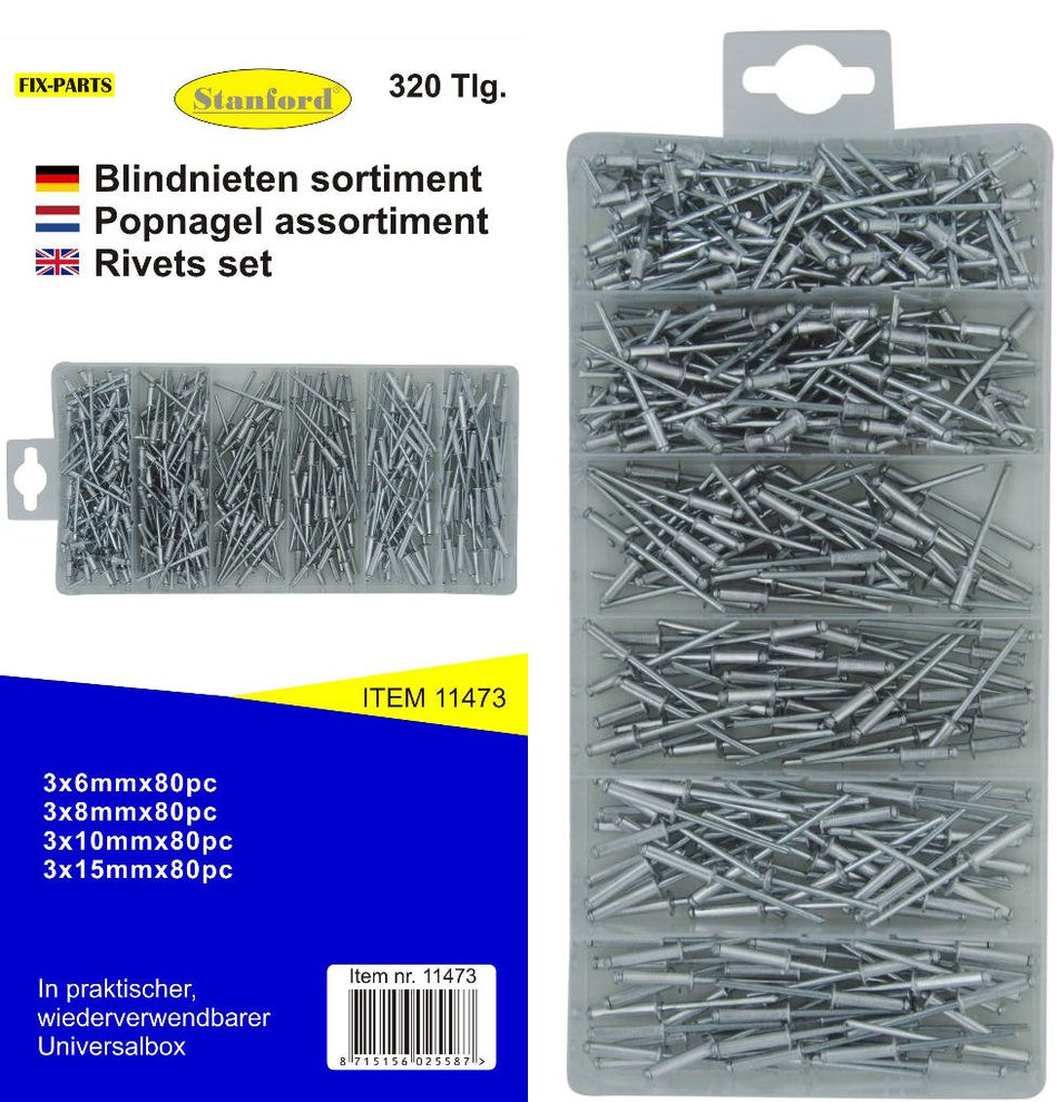 Blindnieten Sortiment Alu Popnieten  Satz 3 mm  320 tlg.