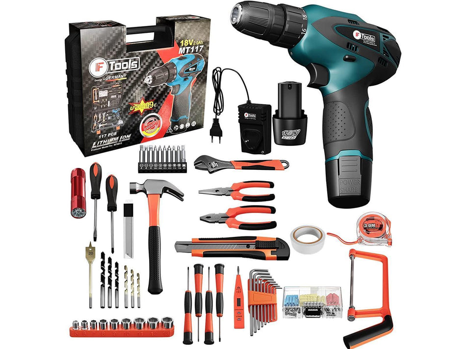 IF-Tools Akku Schrauber Set mit Werkzeug (2x 18V | 2.0Ah)