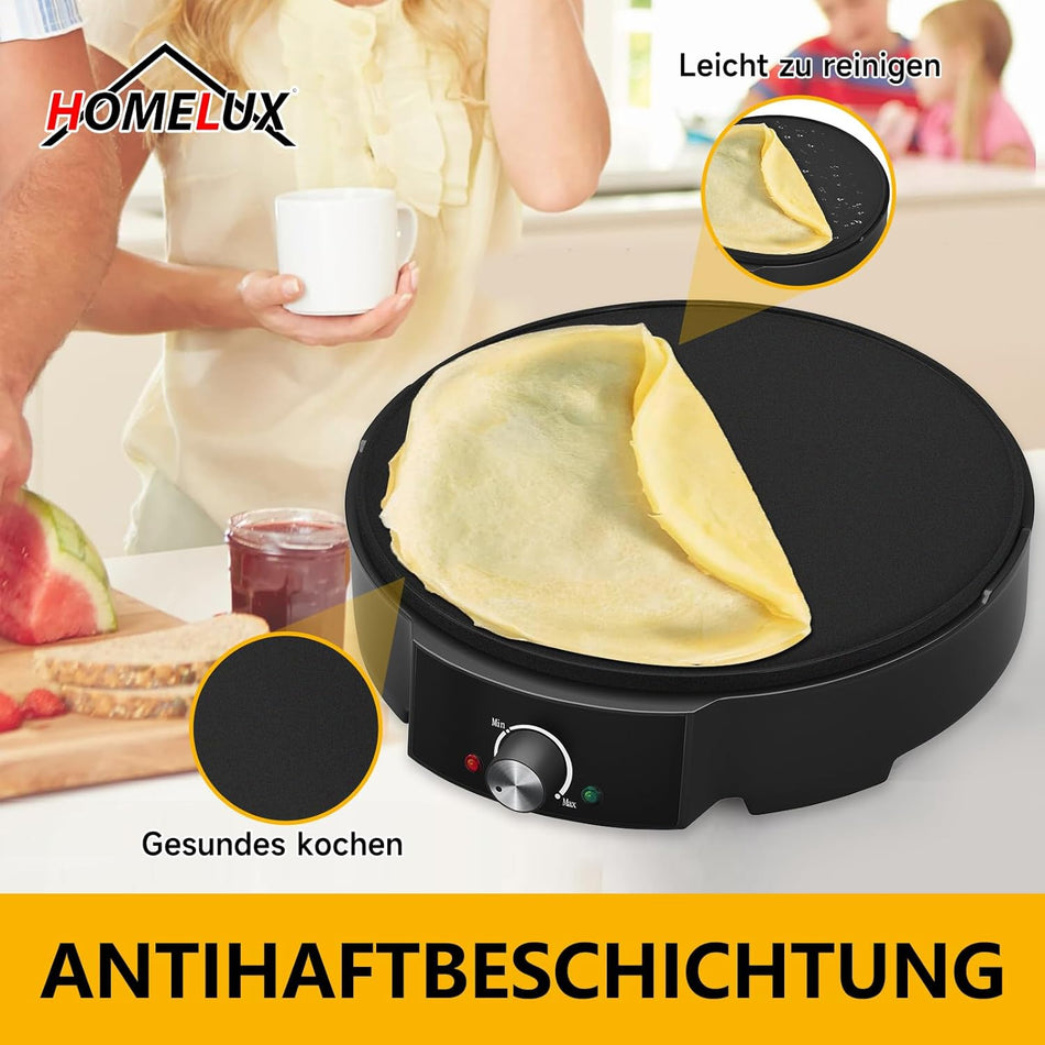 HOMELUX Crepes Maker Ø30 cm 1200W Antihaftbeschichtet + Verteiler