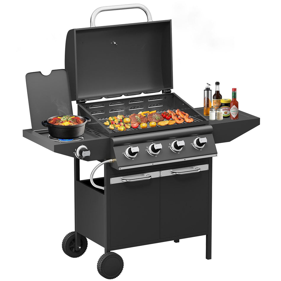 Gasgrill 15KW Brenner BBQ Grillwagen mit Seitenkocher mit Zubehör