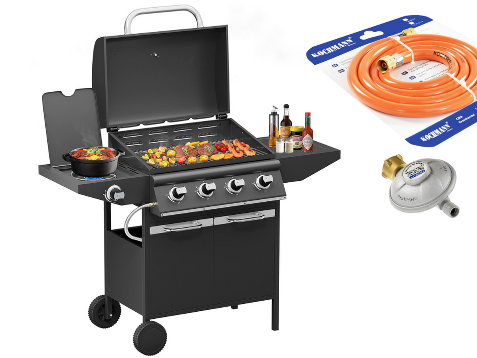 Gasgrill 15KW Brenner BBQ Grillwagen mit Seitenkocher mit Zubehör
