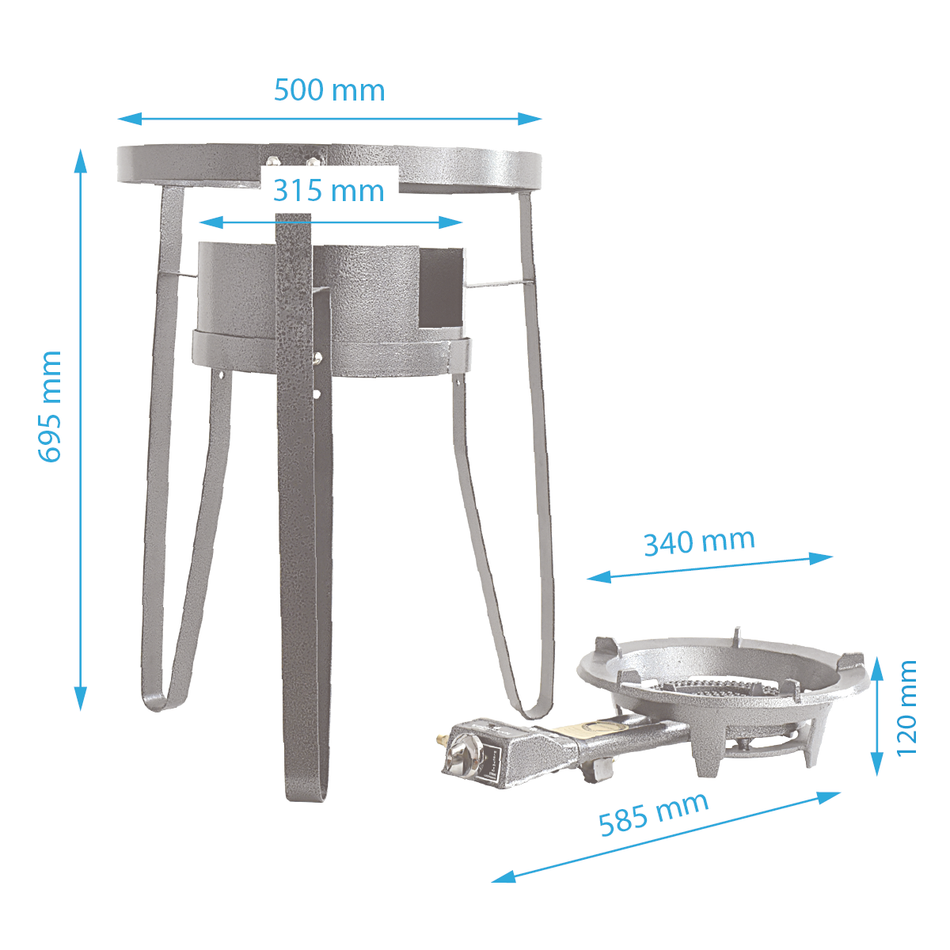 KOCHMANN® K09 Tenniskocher 9.5kW mit Piezozündung und Gestell Set mit 2.0m Schlauch und 50mbar Druckminderer