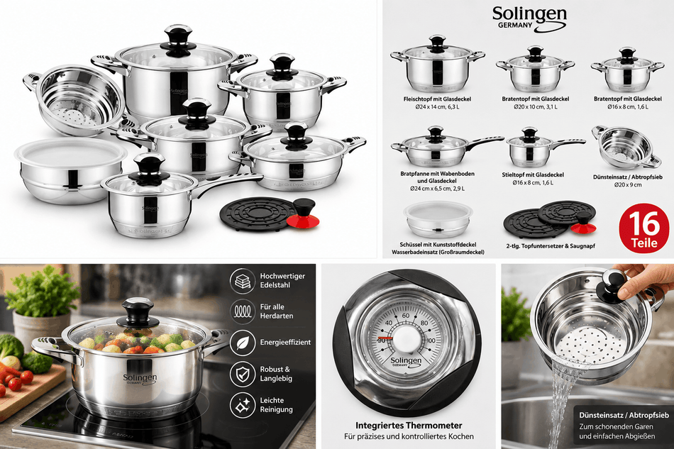 Solingen Profi Topfset 16 tlg. Kochtopf Induktion 18/10  Edelstahl