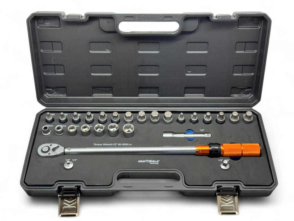 Drehmomentschlüssel 1/2 Zoll 50-350 NM mit Umschaltfunktion mit Bits Set