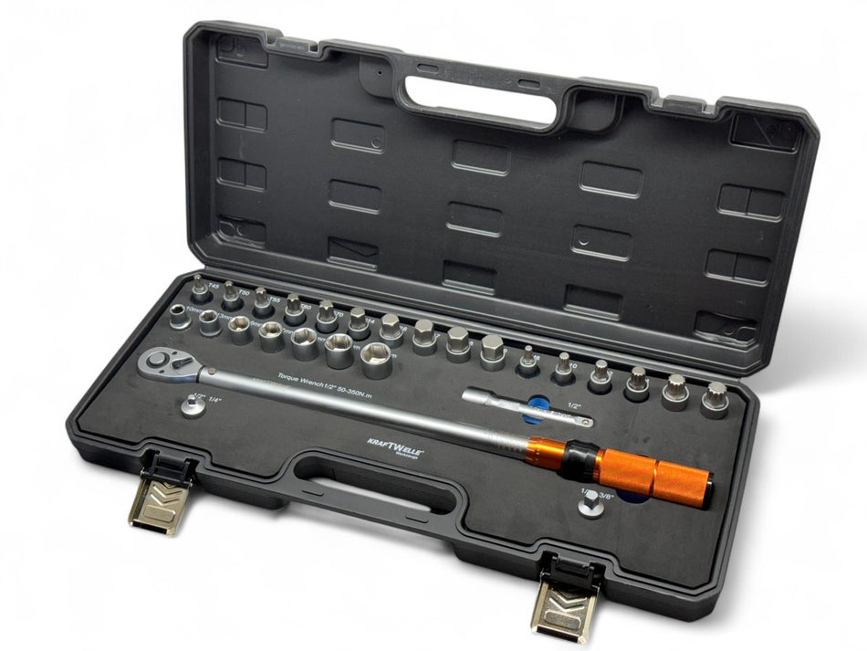 Drehmomentschlüssel 1/2 Zoll 50-350 NM mit Umschaltfunktion mit Bits Set