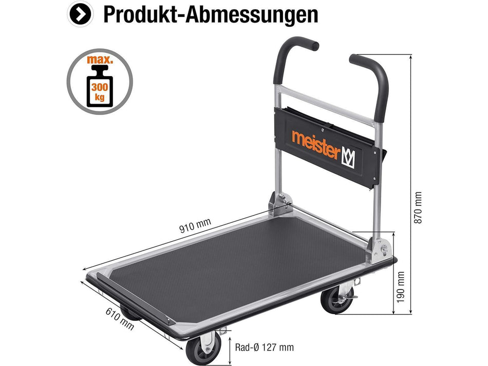 Meister Plattformwagen "cut-off" - Klappbar - Bis 300 kg Tragkraft - Feststellbremse / Transporthilfe mit Lenkrollen / Paketwagen mit Antirutsch-Beschichtung / Klappwagen aus Stahl / 8985630