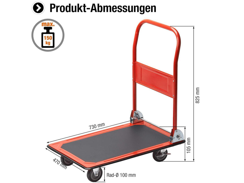 Meister Plattformwagen - Klappbar - Bis 150 kg Tragkraft - Feststellbremse / Transporthilfe mit Lenkrollen / Paketwagen mit Antirutsch-Beschichtung / Klappwagen aus Stahl / 8985400