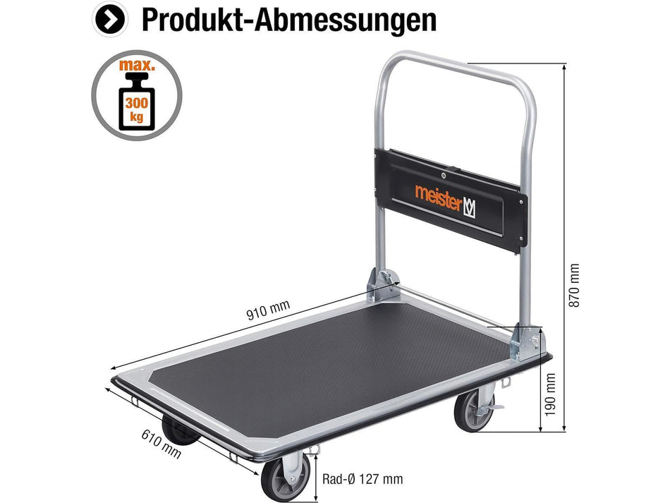 Meister Plattformwagen - Klappbar - Bis 300 kg Tragkraft - Feststellbremse / Transporthilfe mit Lenkrollen / Paketwagen mit Antirutsch-Beschichtung / Klappwagen aus Stahl / 8985540