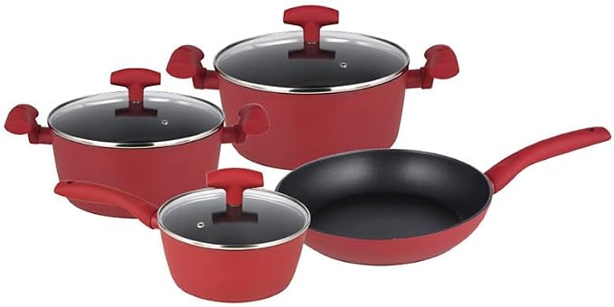Michelino Kochtopf Set indutkonsfähiges Topf Set mit Glasdeckeln rot