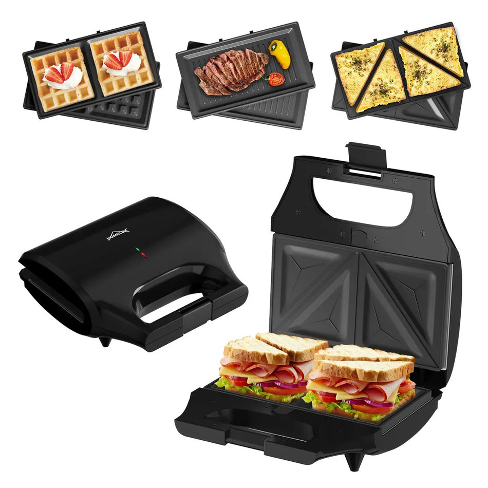 HOMELUX 3 in 1 Sandwichmaschine Panini Waffelgrill Antihaftbeschichte Abnehmbare Platten