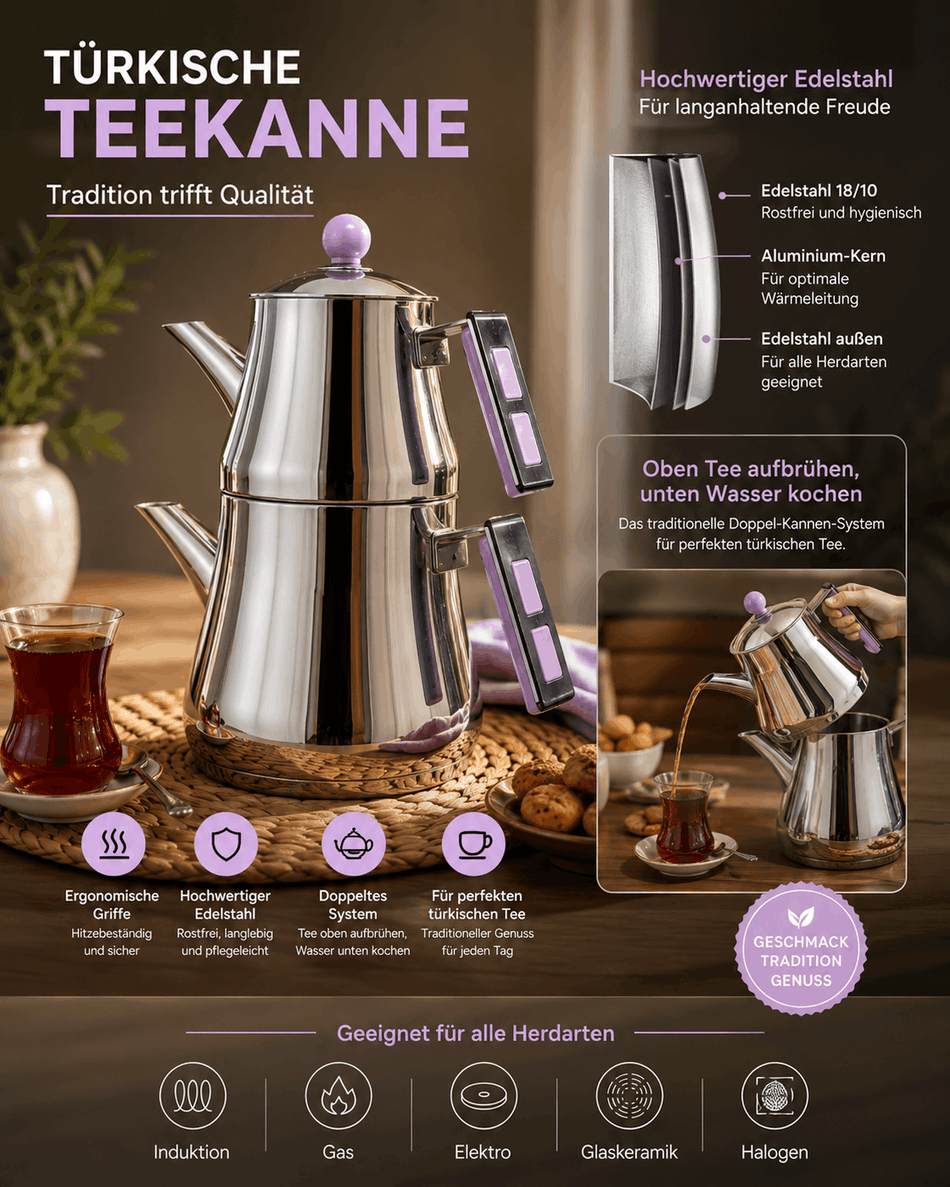 Scheffler Edelstahl Teekanne Caydanlik Harem Family 1.8L + 1L