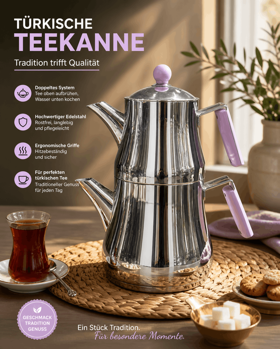 Scheffler Türkische Teekanne 1L + 1,8L Edelstahl Çaydanlık Induktion Gas Ceran – repo24
