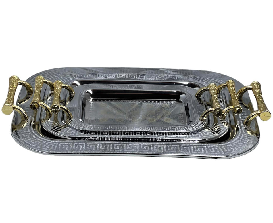 Serviertablett mit Griffen Rechteckig Edelstahl Serviertablettset Teetablett Orientalisch Dekoratives Tablett 3 tlg