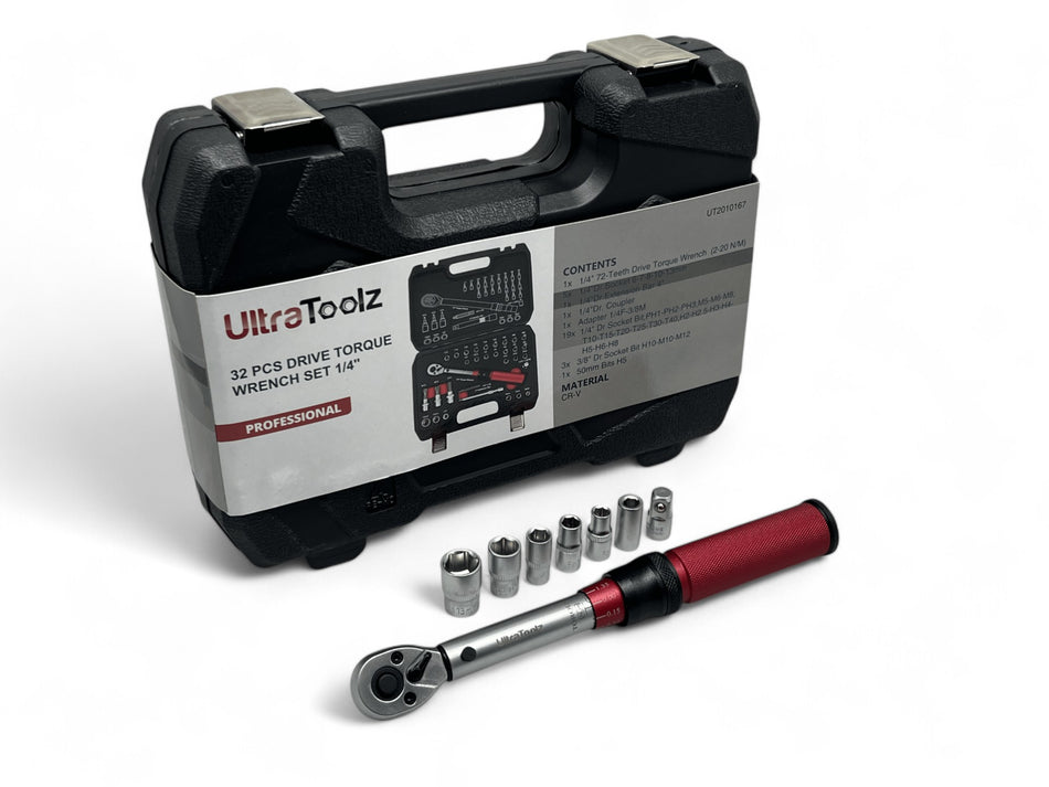 UltraToolz Drehmomentschlüssel 1/4 Zoll 2-24Nm Feinmechanik 32 tlg Bitset Ratsche