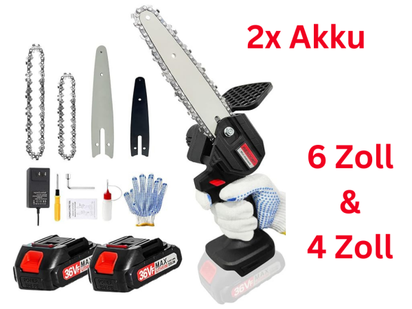 Mini-Kettensäge 4"& 6“ Akku Elektrokettensäge Handkettensäge 2x 36V  2Ah Akku