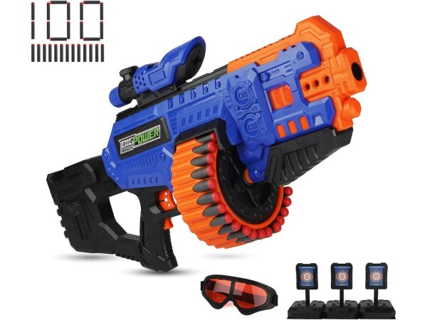 Bigpower Electric Automatisch Blaster Gun 30-Dart Rotating Drum Spielzeug Pistole für Jungen 8-12+, Elektrische Schaumstoff Dart Blaster mit 100 Darts Kompatibel mit der Primärmarke